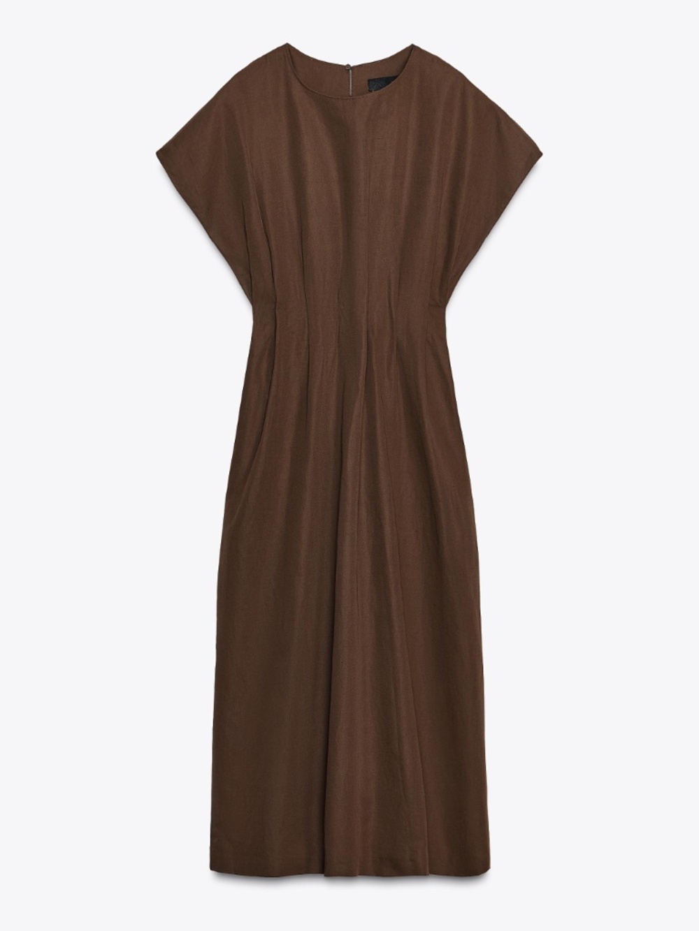 NWT ZARA ZW Collection Brown Pleated Linen Blend Midi Dress - Small